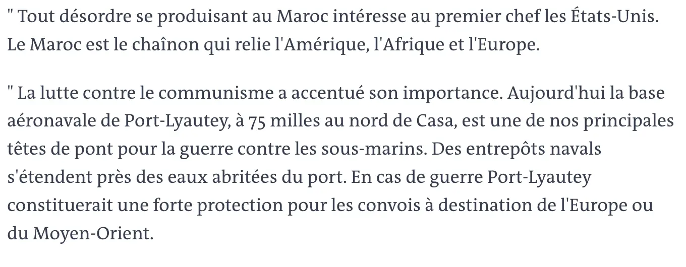 مقتطف يبرز كيف اعتبرت الولايات المتحدة المغرب حلقة استراتيجية تربط بين أمريكا وإفريقيا وأوروبا، ودور قاعدة بور-ليوتي في مواجهة الغواصات وحماية القوافل خلال الحرب الباردة.